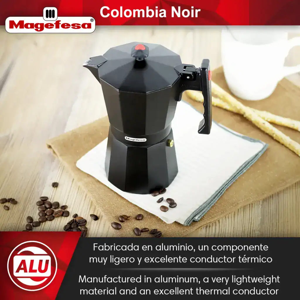 Magefesa Colombia Noir black aluminum stovetop coffee maker, full side view, showing handle and lid on white background.