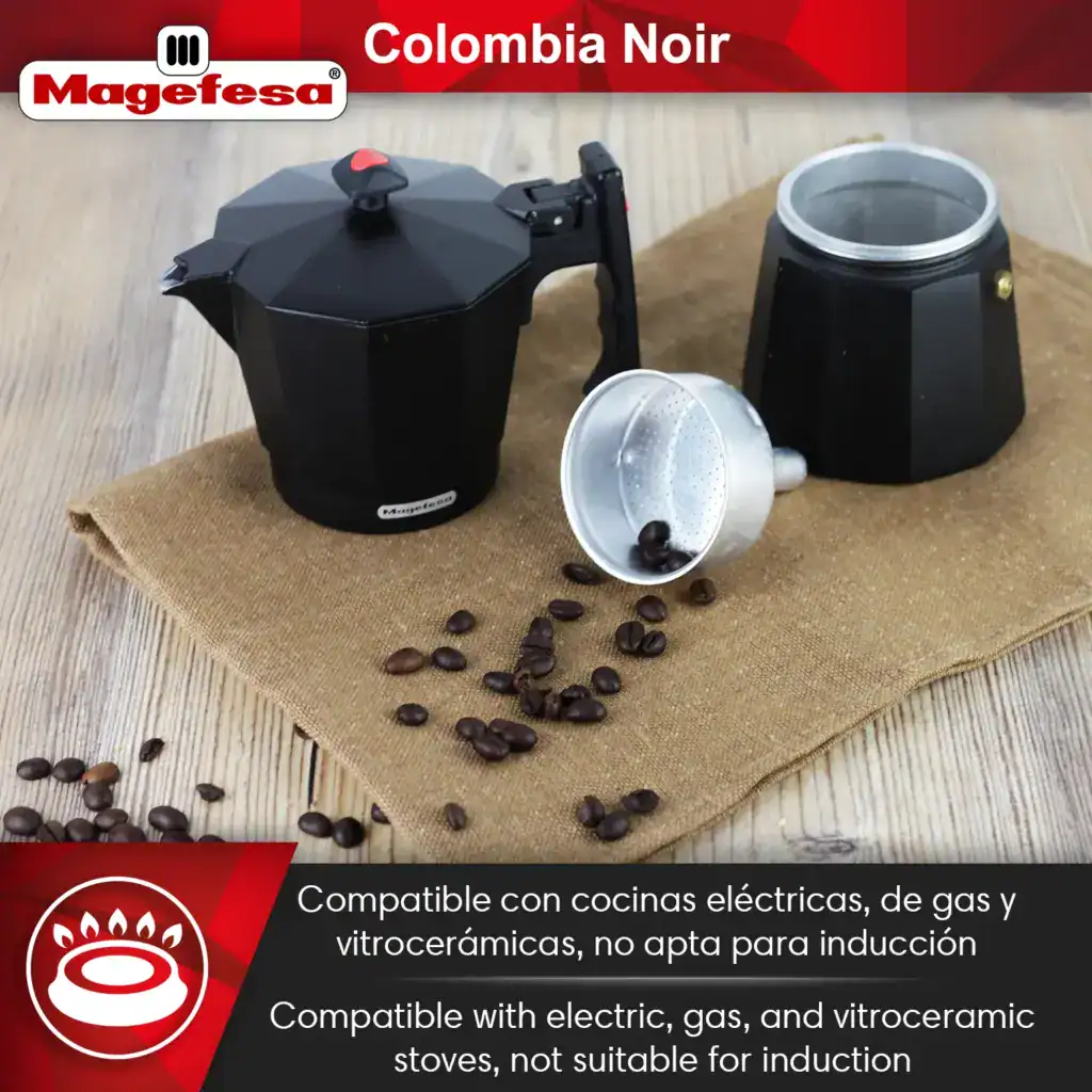 MAGEFESA Colombia Noir moka pot top view with lid open, displaying filter basket and internal chamber.