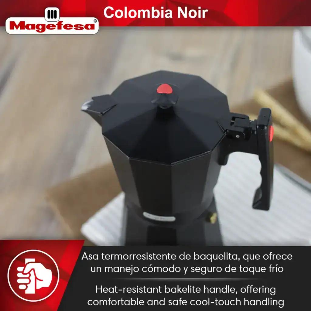 Serving coffee from the MAGEFESA Colombia Noir coffee maker into a white cup, highlighting drip-free spout.