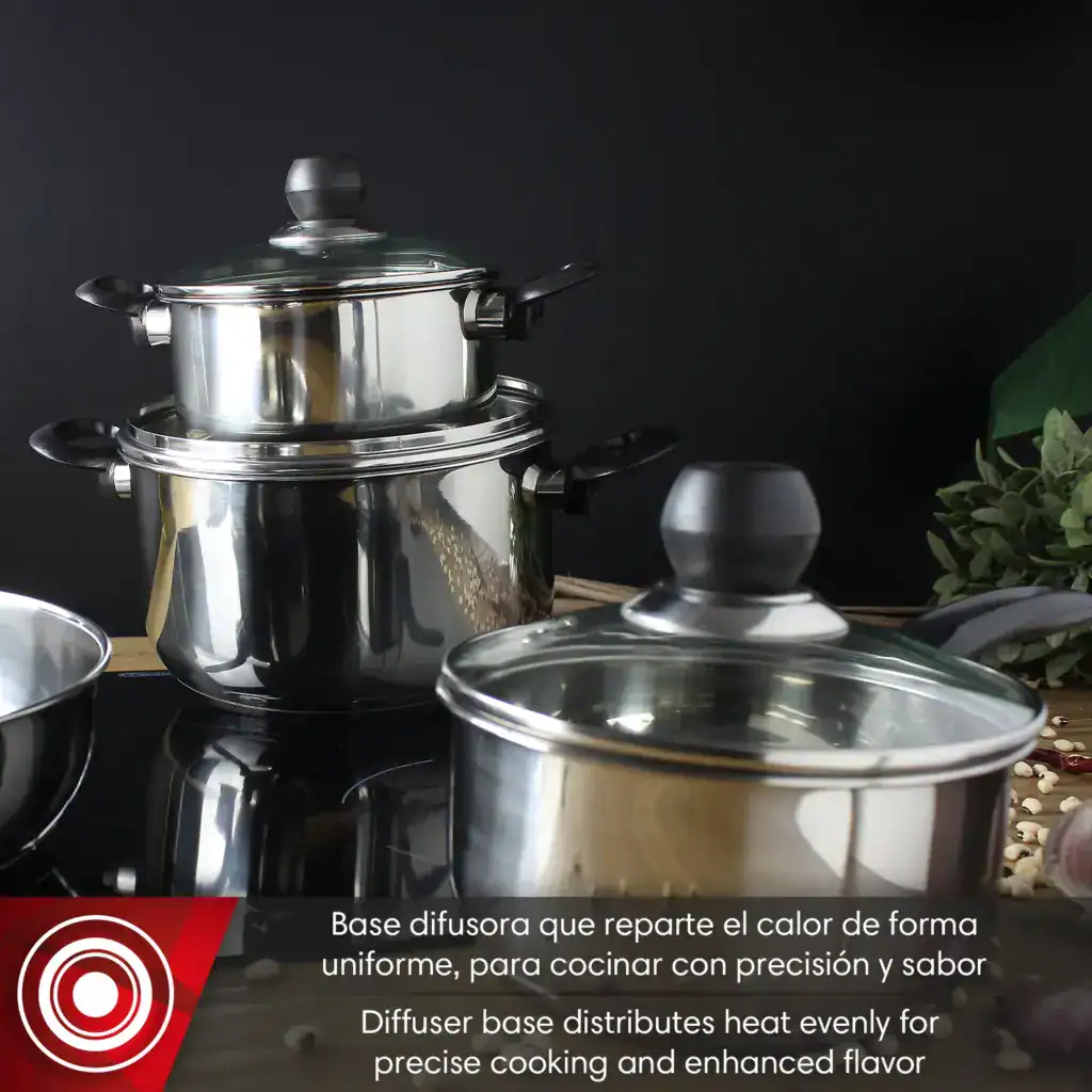 Magefesa saucepan in use with food – part of the Practika Plus stainless steel set