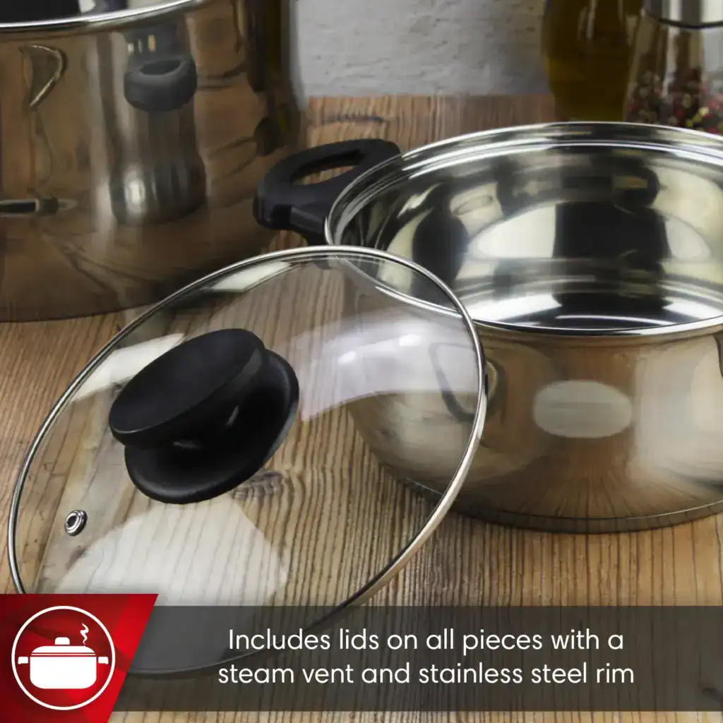 A stainless steel pot with a matching lid resting on top, reflecting light and showcasing its sleek design.