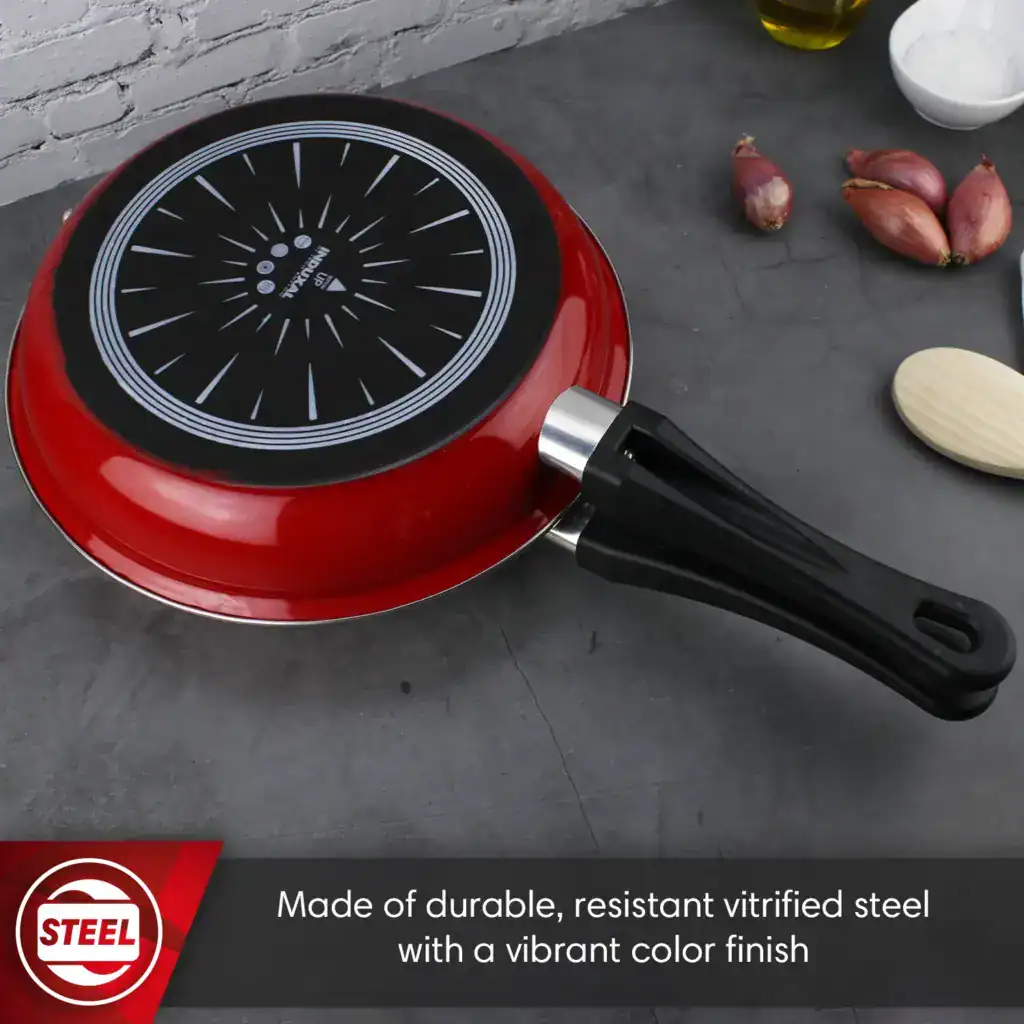 Top view of the closed red Magefesa Frittata pan, highlighting its vibrant enameled finish and compact design.