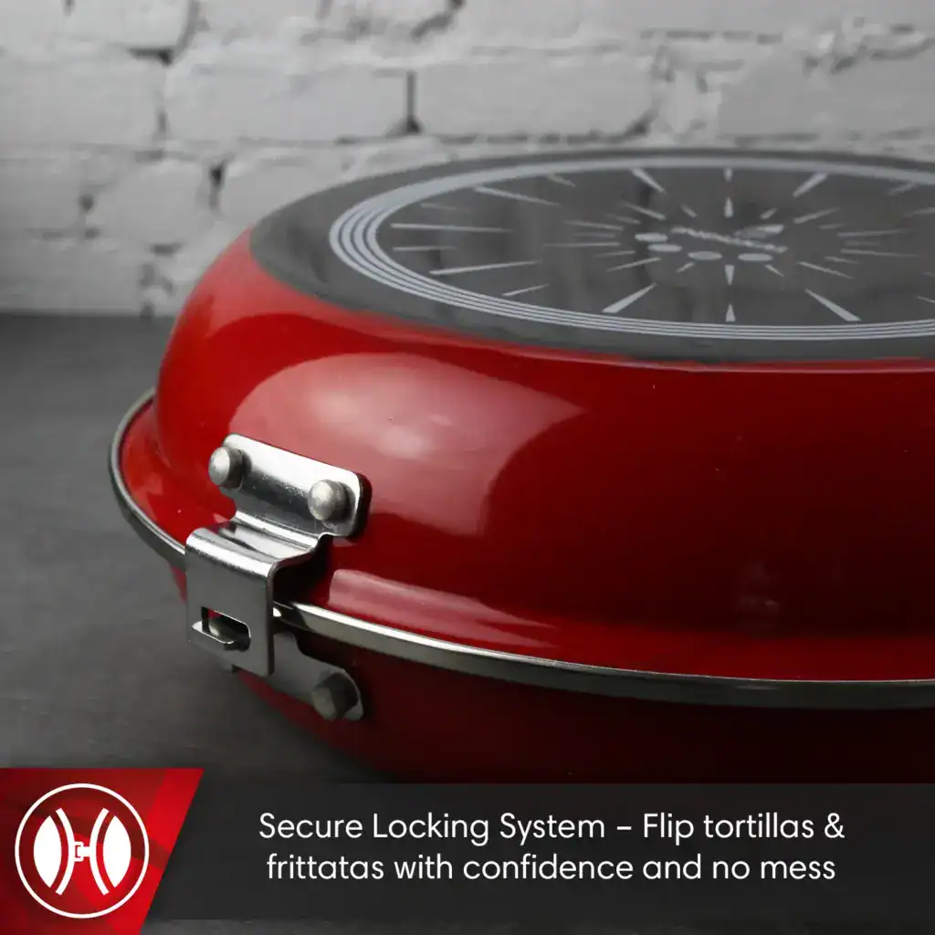 Right-side view of the closed red Frittata pan, focusing on the secure locking system and compact folding mechanism.