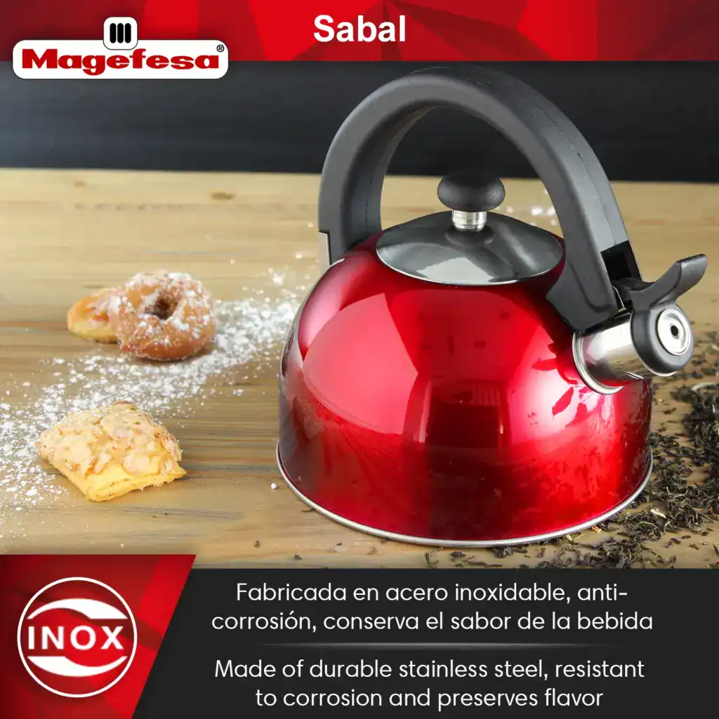 Front view of the Magefesa Sabal red stainless steel tea kettle with black handle and silver whistle spout.