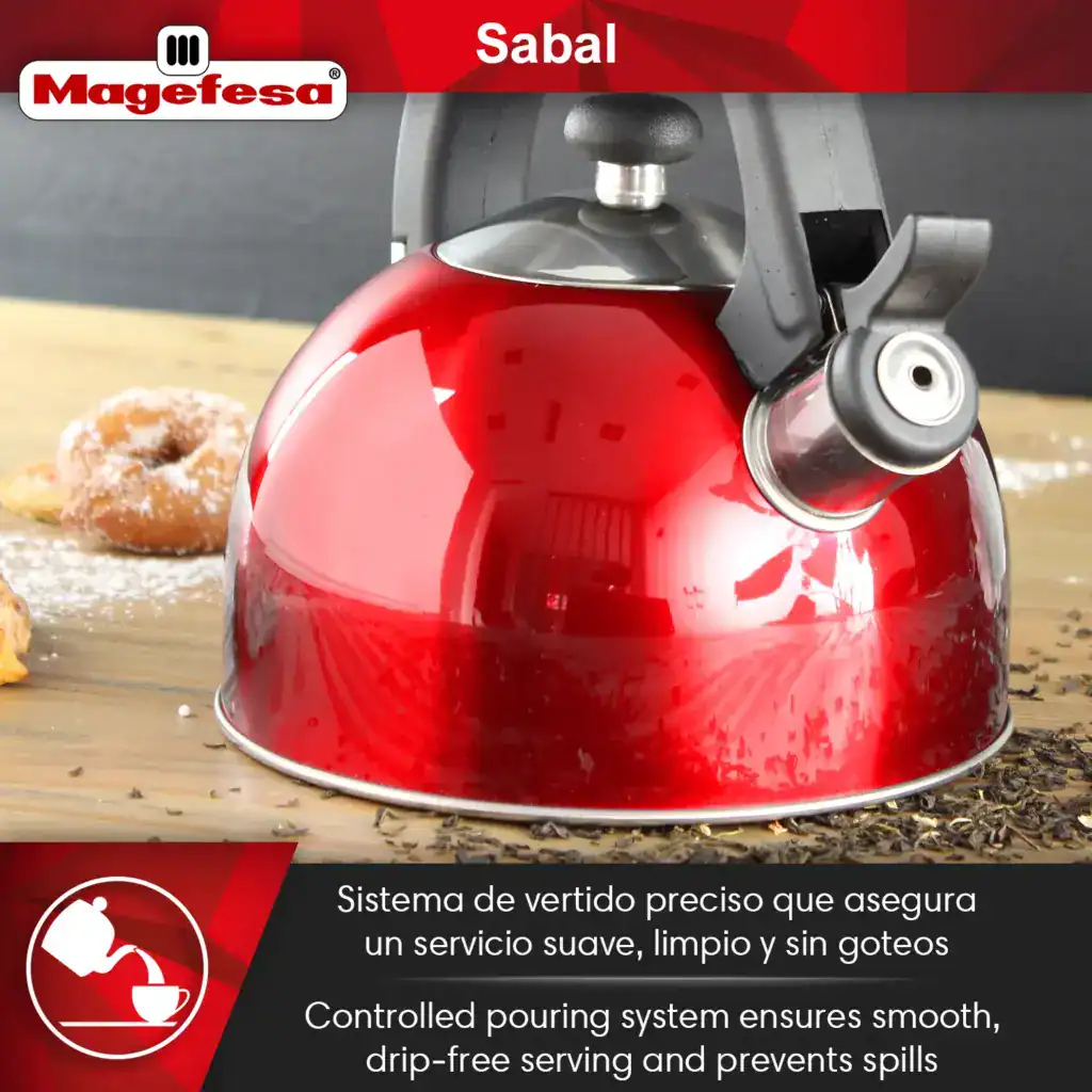 Close-up of the whistle spout and lid of the Magefesa Sabal tea kettle, emphasizing stainless steel finish.
