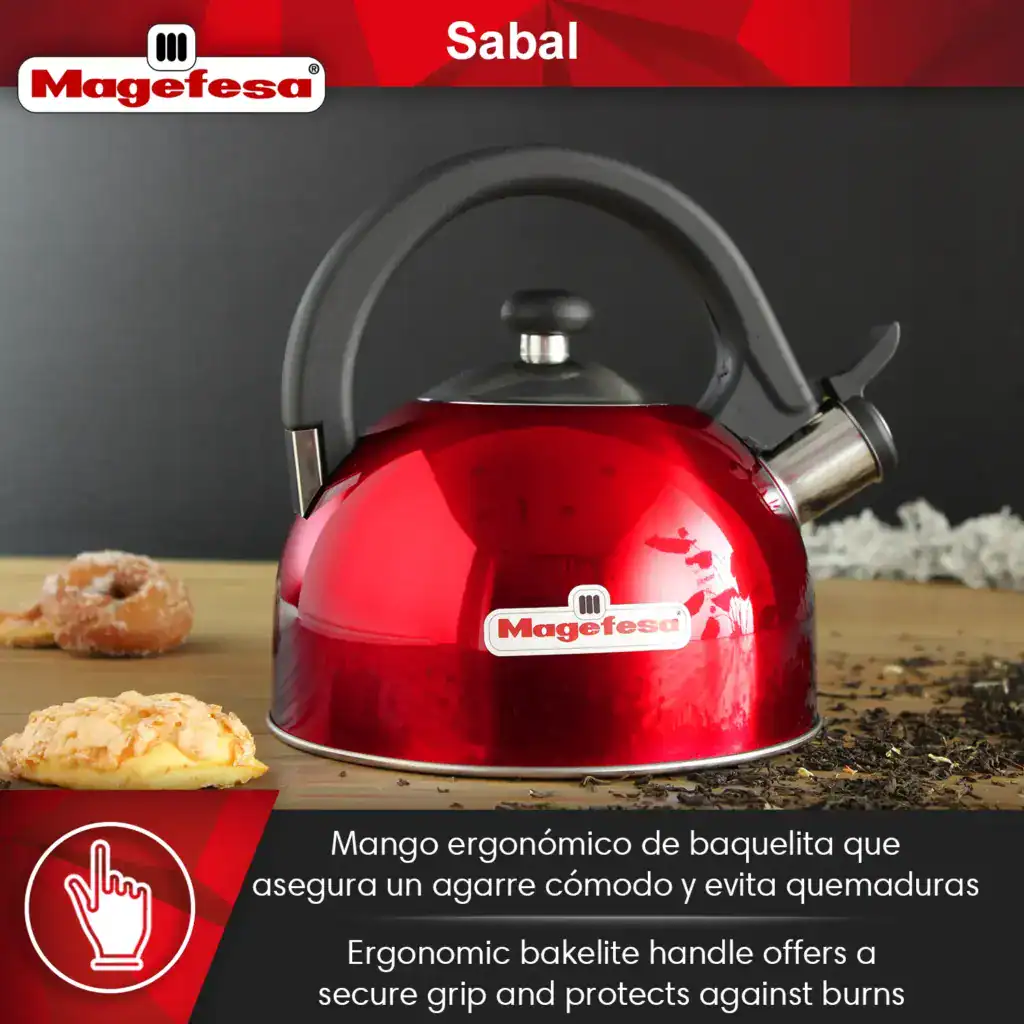Bottom view of the Sabal red tea kettle showing flat induction-compatible stainless steel base.
