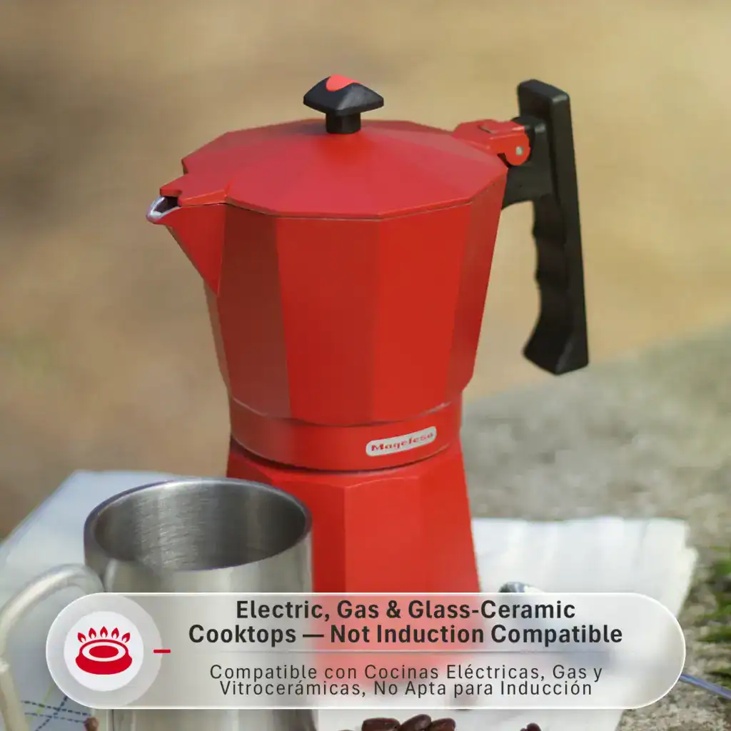 Cafetera moka Magefesa roja compatible con gas, eléctrica y vitrocerámica, no apta para inducción, con taza metálica