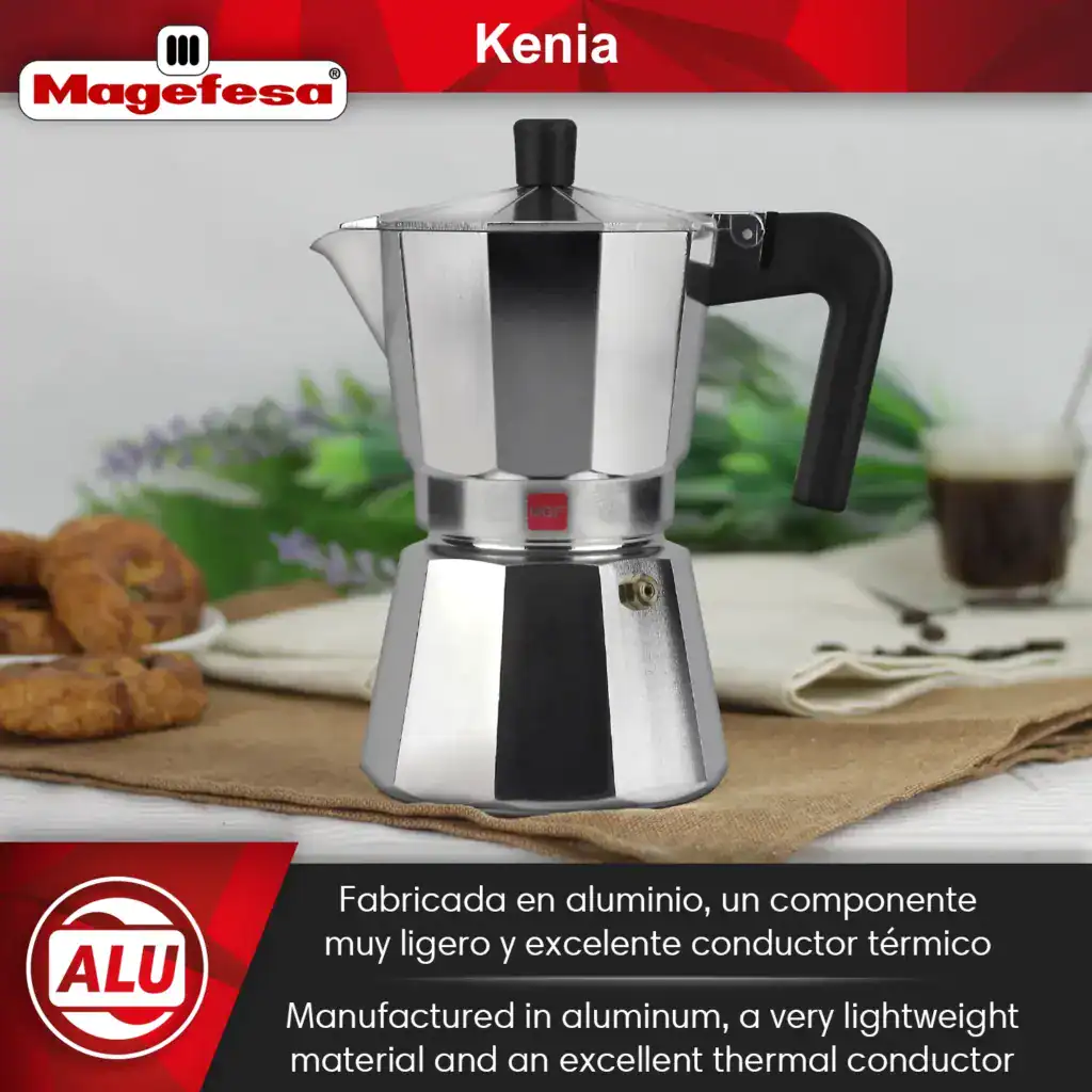 Side view of Magefesa Kenia stovetop espresso maker – durable aluminum construction