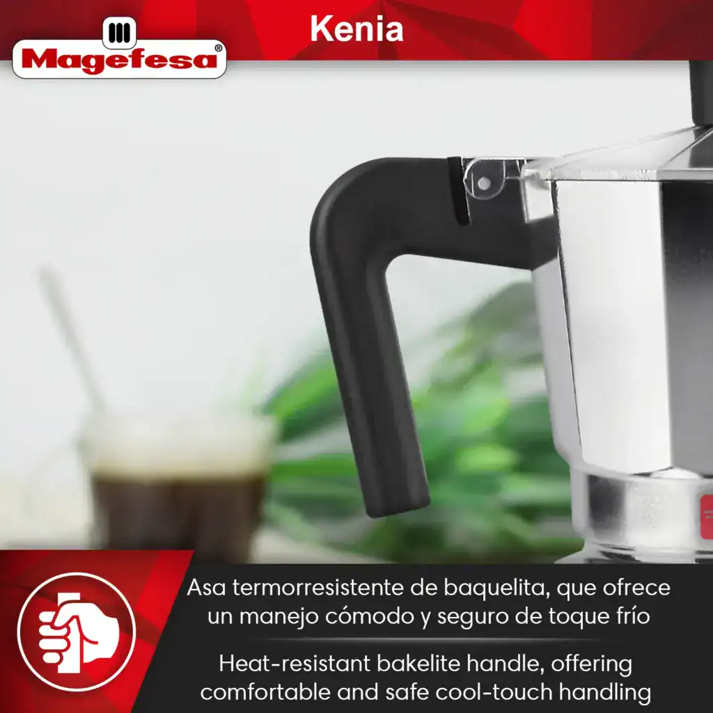 Kenia aluminum espresso maker next to a coffee cup