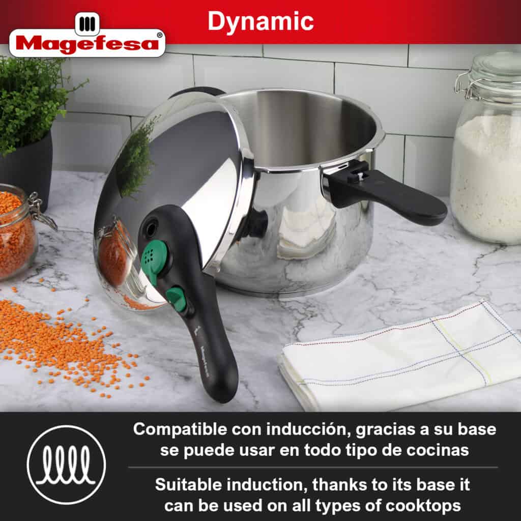 Semi-open Magefesa Dynamic pressure cooker displayed in a modern kitchen setting.