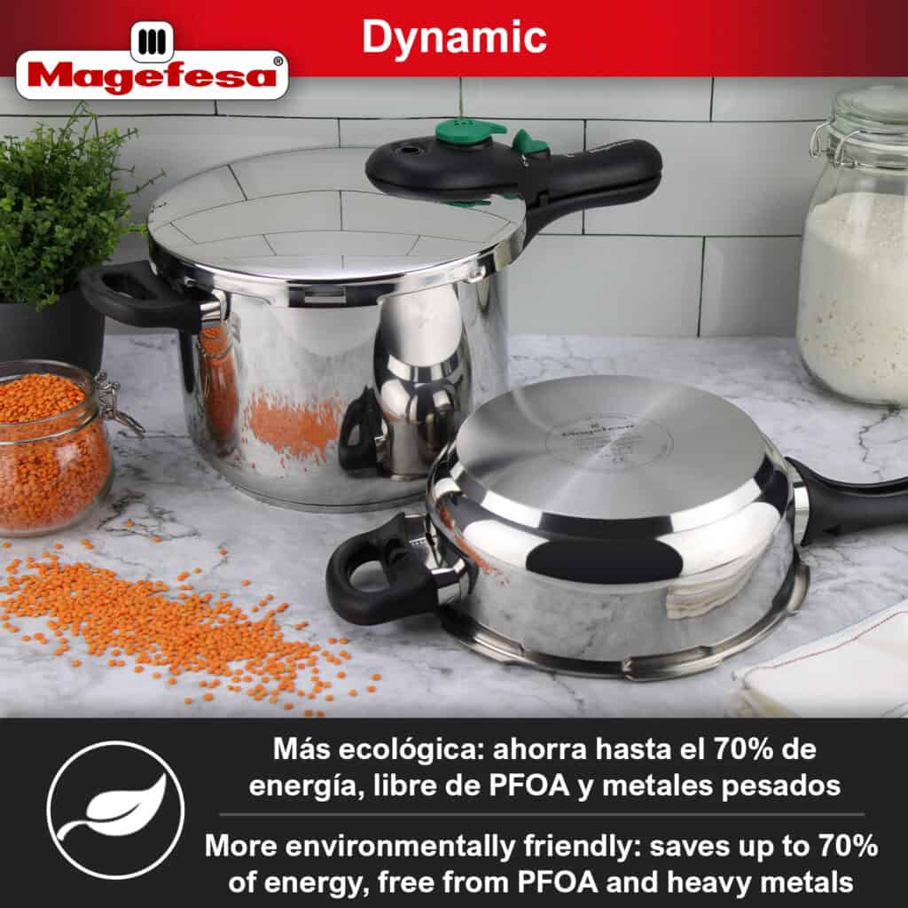 Magefesa Dynamic pressure cooker fully assembled next to a smaller pot body showing the base of the pressure cooker.