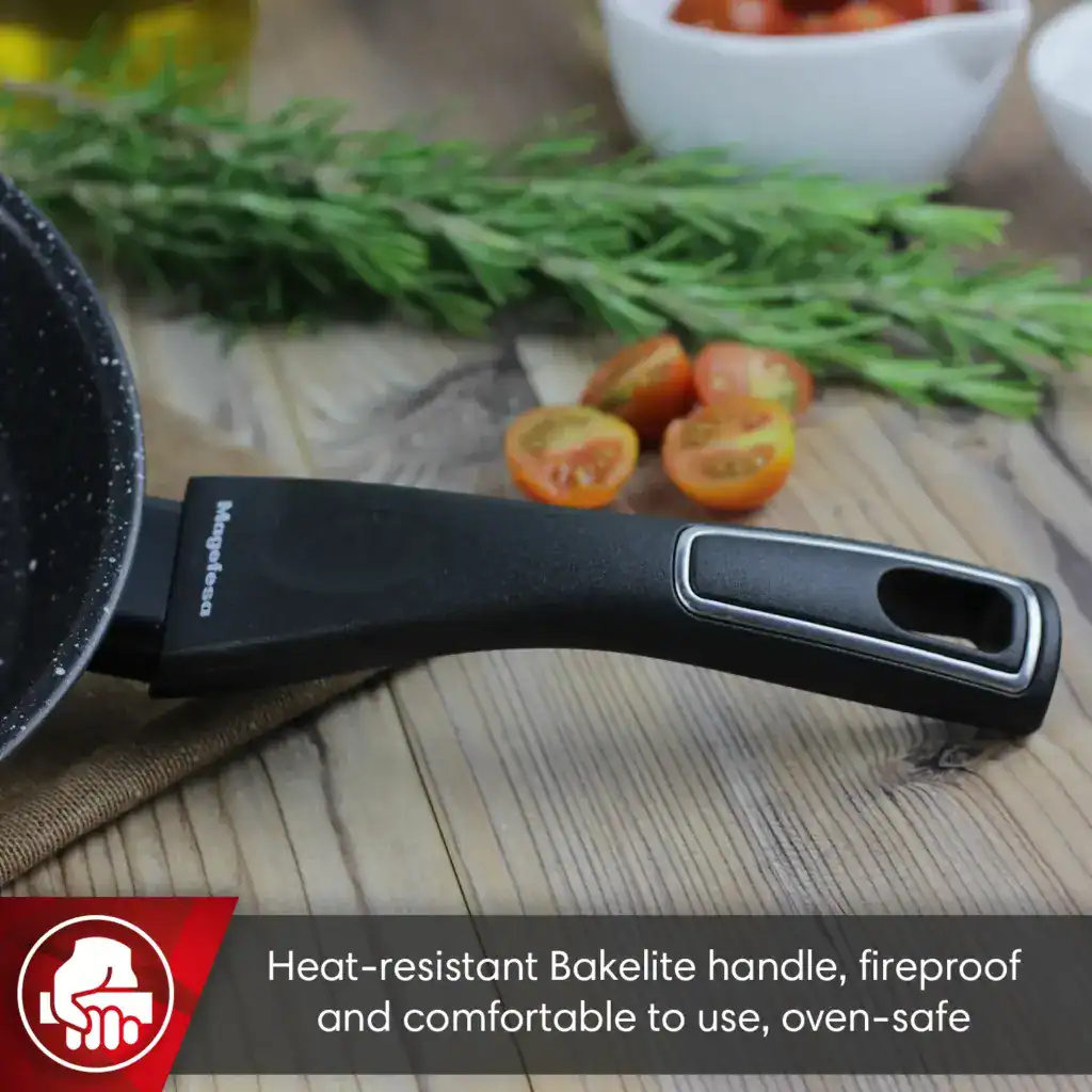 Photo of the frying pan’s ergonomic handle in a kitchen setting.