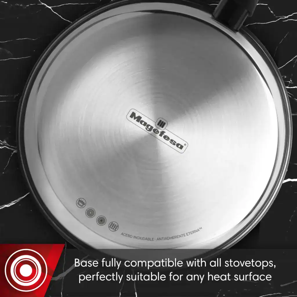 Close-up image of the frying pan’s base showing the thermo-diffuser design.