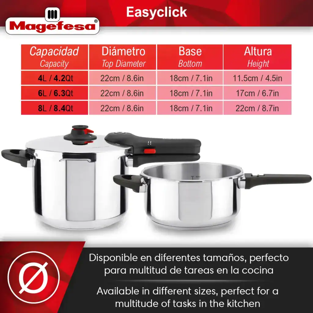 Multi-size EasyClick pressure cooker capacities (4 L, 6 L, 8 L) with top diameter, base, and height specs.