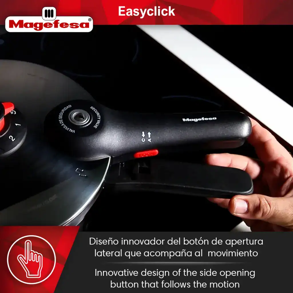 Innovative side-opening button design for safe, effortless lid release on the EasyClick cooker.