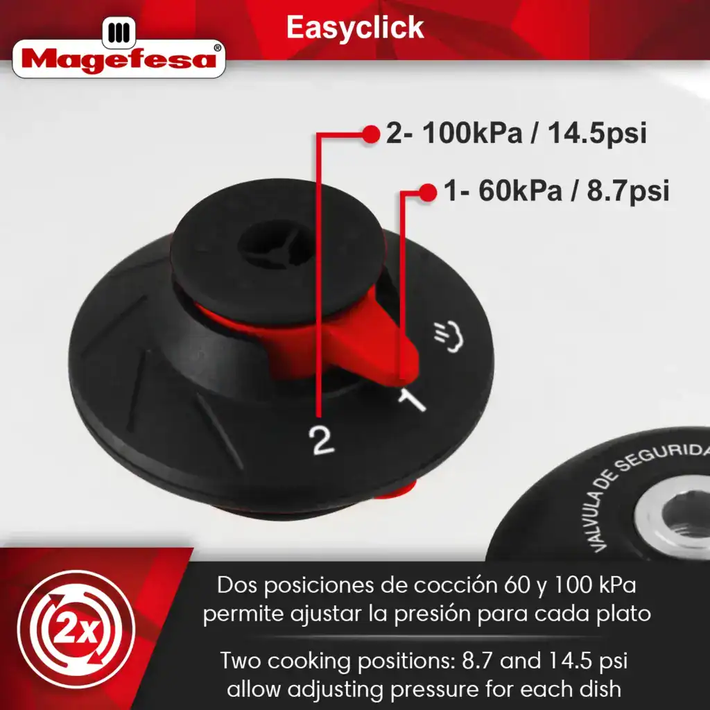 Pressure valve detail: two cooking settings – 8.7 psi and 14.5 psi for adjustable cooking pressure.
