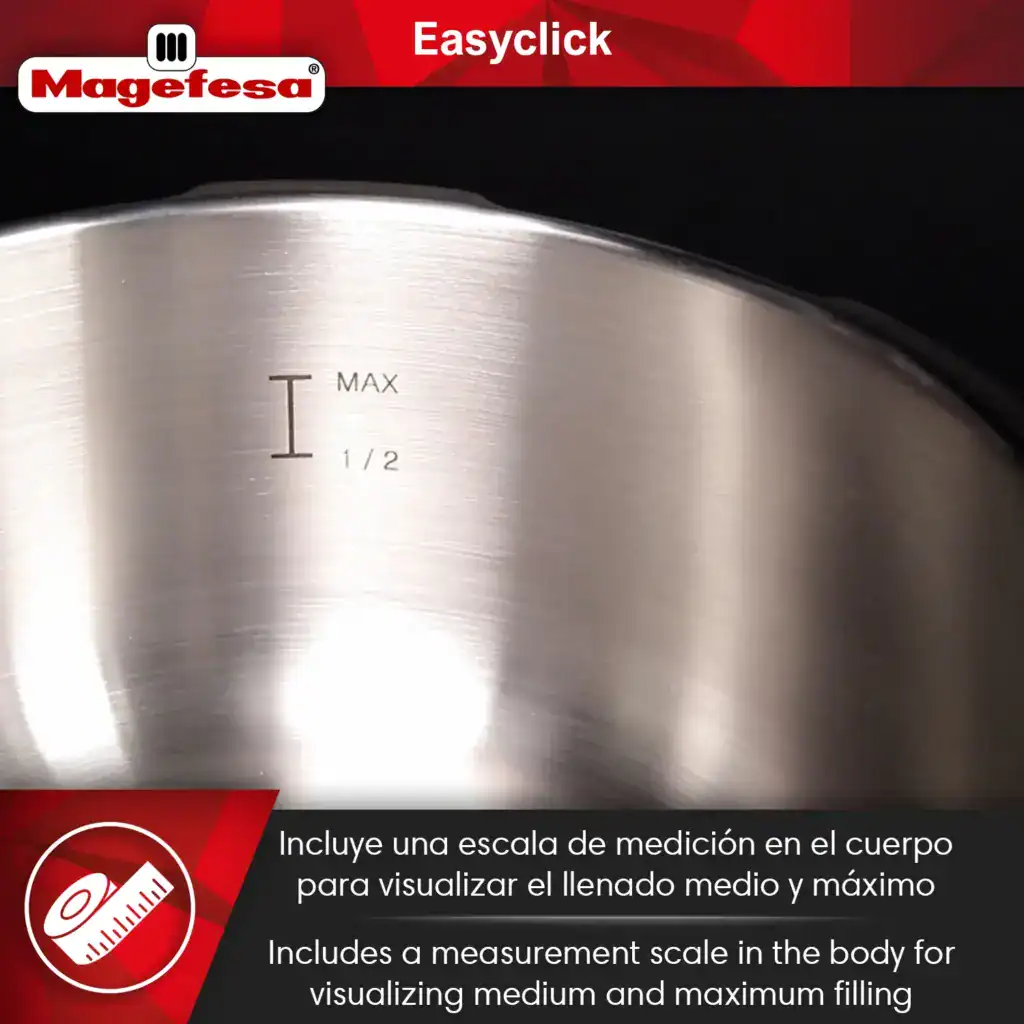Interior measurement scale marking medium and maximum fill levels for accurate cooking.