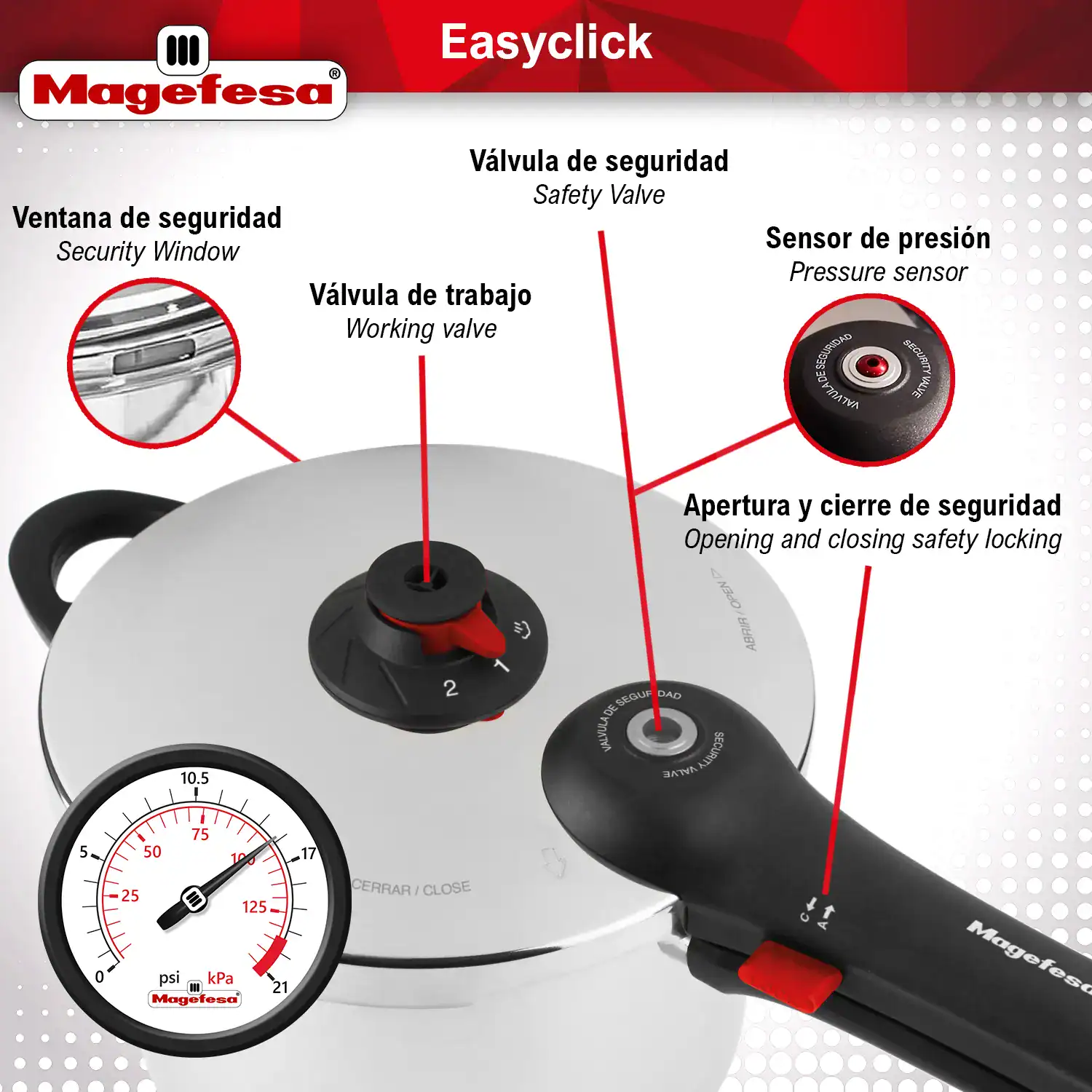 MAGEFESA Star Pressure Cooker 4.2-Quart - 18/10 Stainless Steel With Safety Lock & 8 PSI Cooking
