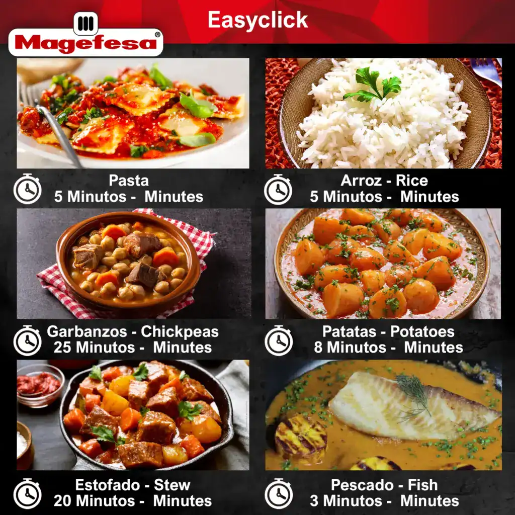 Cooking time chart for EasyClick: pasta 5 min, rice 5 min, chickpeas 25 min, potatoes 8 min, stew 20 min, fish 3 min.