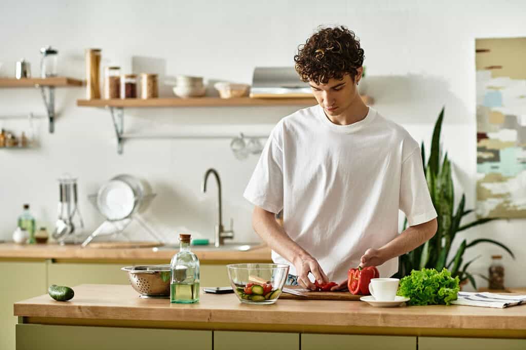 Home cook preparing Mediterranean meal in kitchen