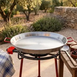 Large carbon steel paella pan on an outdoor tripod gas burner next to rice bowls.