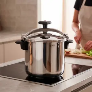 Magefesa Star stainless steel stovetop pressure cooker on cooktop with chef prepping vegetables in background.