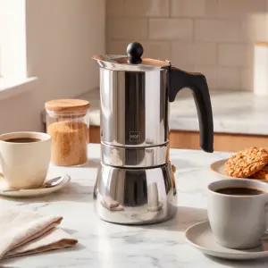 Magefesa Genova stainless steel stovetop espresso maker on a marble counter with coffee cups and cookies.
