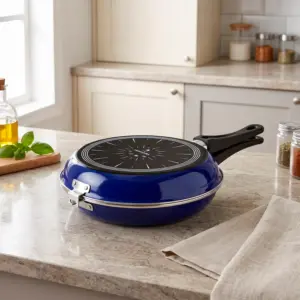 A closed blue Magefesa Frittata double-sided skillet set on a granite kitchen countertop next to olive oil and a cloth towel.