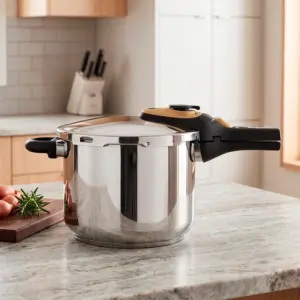 Stainless steel Magefesa pressure cooker with mustard handle on a marble kitchen island.