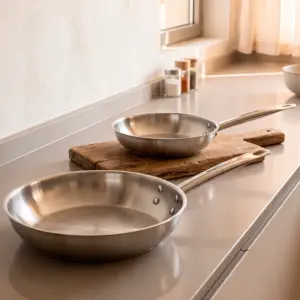 Two Magefesa Ecosteel stainless steel frying pans of different sizes on a beige kitchen countertop and wooden cutting board.